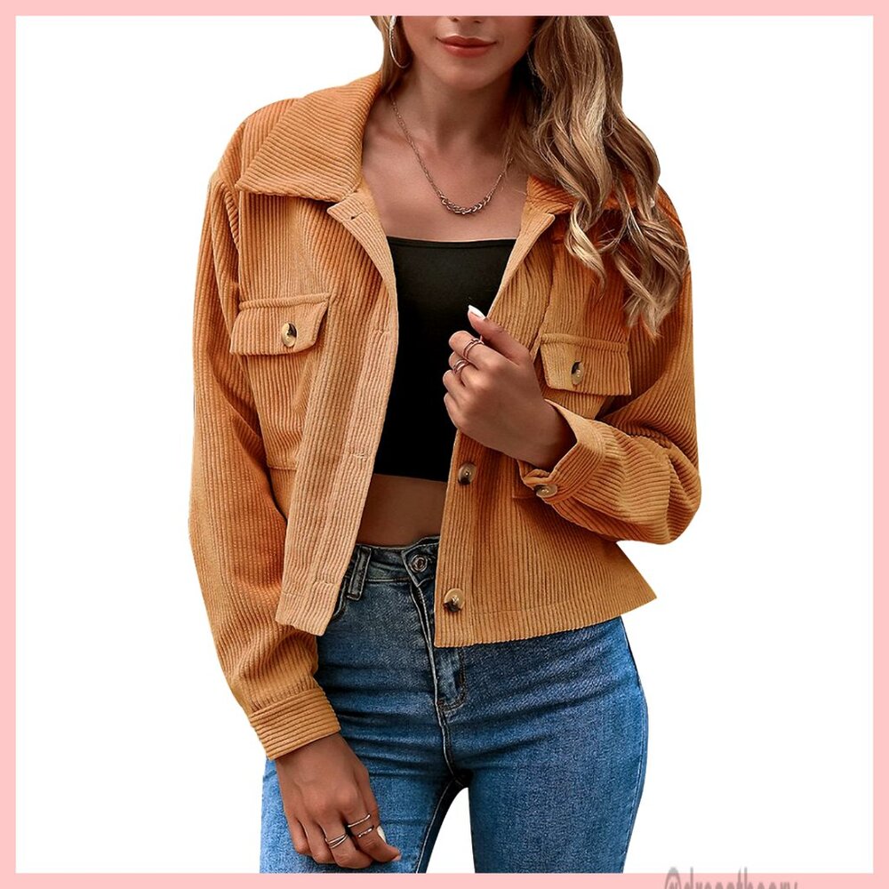 Cropped Corduroy Shacket, Button Down, Drop Shoul… - image 1